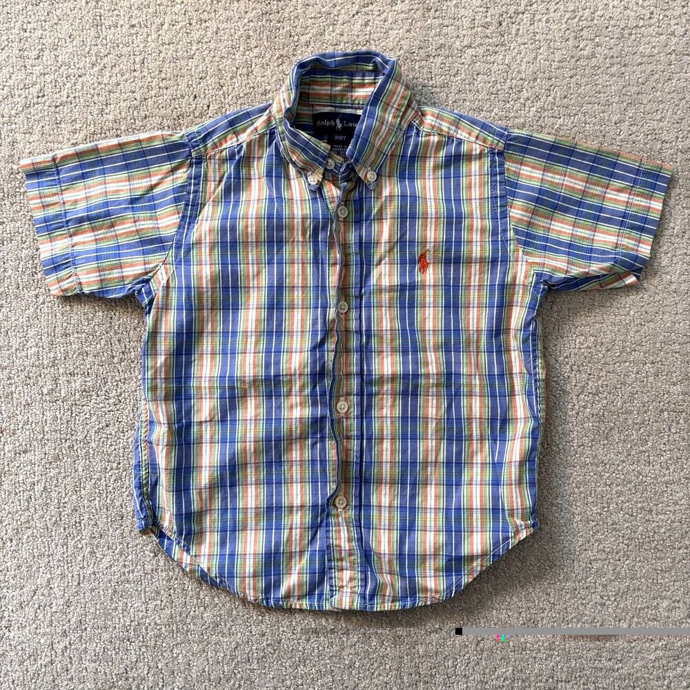 Ralph Lauren Boys Short Sleeve Plaid Button Down Shirt Size 2T Preppy Classic